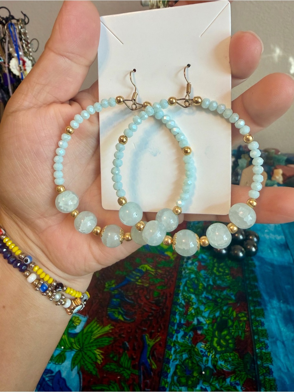 Handmade Light Blue Agate Beaded Hoop Earrings - 24k gold plated accent